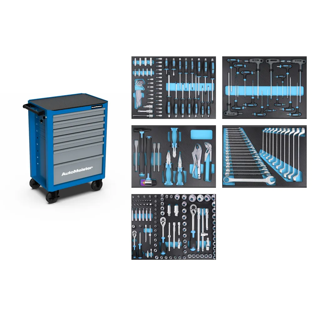 Тележка инструментальная 7 ящиков (RAL5015/RAL7040) с набором инструмента 218 предметов AutoMeister 79483