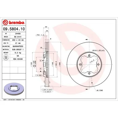 Диск тормозной передний вент.[282X23] 4 отверстий [MIN2] BREMBO 09.5804.10